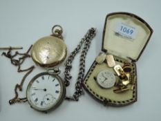 A small selection of misc including a gold plated Hunter pocket watch with rolled gold chain,