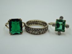 Three yellow metal dress rings stamped 9ct having paste stone decoration, approx 7g