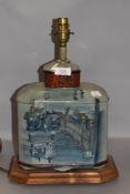 A porcelain lamp base in a Chinese design having bridge scene with workers