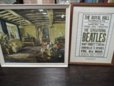 A reproduction Beatles tour poster, framed and glazed and an abstract print.