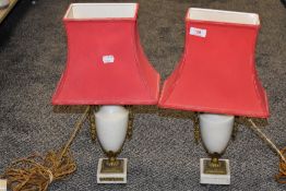 A pair of ormolu and marble mantle garnitures having been converted to lamps