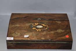 A Victorian writers compendium having fitted interior with brass mother of pearl and pewter