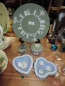 A selection of Jasper ware by Wedgwood including plate and lidded pot