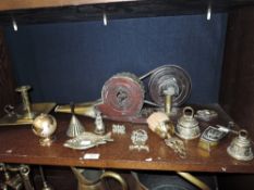 A selection of brass wares including chamber stick and butlers fire bellows