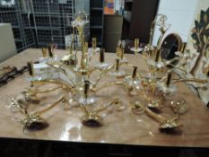 A pair of substantial gold tone ceiling lights or chandeliers having glass lustre's and nine