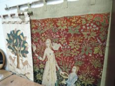 Two wool hangings, one having appliqué pattern with tree and deer and the other of two classically