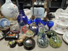 A mixed lot of glass ware including blue glass decanter set,perfume bottles and Mdina paper