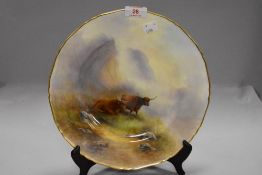 A hand decorated and painted plate by Royal Worcester having highland cow image by J Stinton
