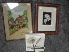 Two framed textile pictures and a similar canvas.