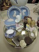 Two Wedgwood pin dishes, both having 'guide dogs for the blind' relief design, three pin cushion