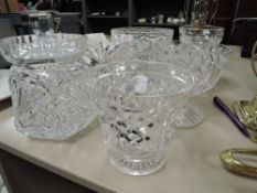 A collection of cut glass including fruit bowls and biscuit barrel.
