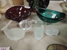 A selection of glass animal studies, a Swedish art glass bowl and a similar Whitefriars example.