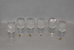 A set of six clear cut crystal sherry or port glasses by Waterford