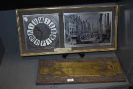 A moulded plaque depicting Sir Robert De Bures and an etched plaque with clock with Edinburgh