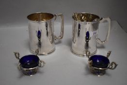 A small selection of silver plate including a pair of tankards, pair of Victorian Elkington plate