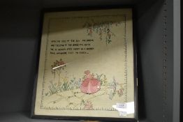 An early 20th century pictorial needlework with verse 'With the kiss of the sun...' framed and