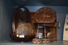 A selection of treen wood items including footed fruit stand and bakelite bowl