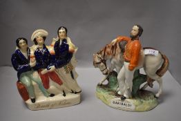 A Staffordshire Pottery 'Death of Nelson' figure group AF, together with a reproduction Garibaldi
