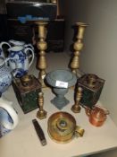 A selection of brass and hardware items including Trench art style chamber stick dated 1915