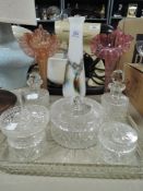 A selection of art glass and clear cut crystal dressing table set and pink glass posy vase