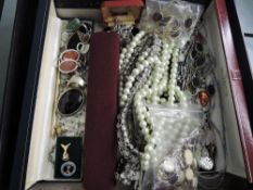 A selection of costume jewellery including marcasite, crystal beads, white metal earrings etc