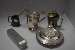 A selection of plated wares and similar incluidng Walker and Hall ink well