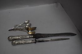 Six hm silver tea spoons with a hm silver handled carver knife and steel set
