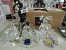 A selection of art glass paper weights in the form of animals