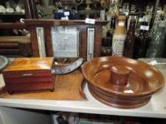 A selection of treen including inlaid boxes, crumb tray and brush and more.
