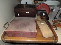 A selection of treen wood wares including butlers tray, Japan lacquer and sewing case