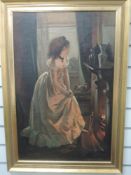 An oil painting, fireside period drama, 71 x 46cm, plus frame