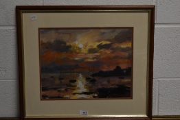 Leo Carroll RCA, Acrylic 'Los Cristians' coastal scene at dusk, signed lower right, mounted framed