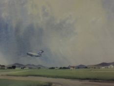A watercolour, John H M, Taking off from Ronaldsway BMA, indistinctly signed, and attributed verso