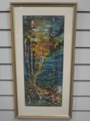 An acrylic and mixed media painting, Amanda J Pickles, woodland mill, signed, 54 x 23cm, plus