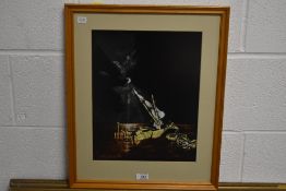 A contemporary mixed media artwork, fishing boats at night, indistinctly signed lower left and dated