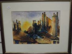 A mixed media collage picture, Greta J Coates, Roof Tops, signed and attributed verso, 25 x 35cm,