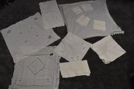 A lovely lot of antique white work cloths, including drawn thread and fine crotchet work.