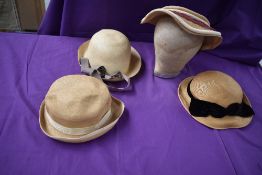 Four 1930s and 40s ladies straw hats.
