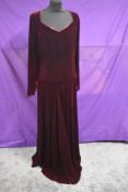 A late 1930s Harvey Nichols burgundy velvet dress having brass zip to side and slight drop waist,
