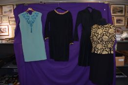 Four vintage 1960s dresses including pure wool 'Ma Cherie' blue dress with extensive beading and