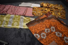 Two pairs of 1950s curtains and two pairs of 1960s brightly patterned ones, also two huckaback