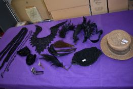 A mixed lot of vintage and antique items and accessories including straw hat, hair combs, beaded