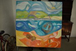 A large oil on canvas abstract landscape scene, approx. 153 x 153cm