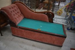 A Victorian chaise longue style ottoman, part upholstered with mahogany frame