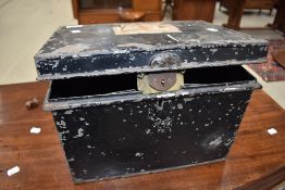 A vintage deed box, approx 36 x 26 x 25cm, lock damaged