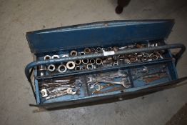 A metal cantilever toolbox and contents