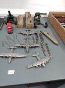 A small collection of Dinky and similar Lead and diecast Military Aircrafts, Ships and Field Guns