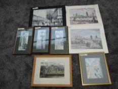 A collection of eight Railway and other prints including Whitchurch Station Clock Silverdale Clock