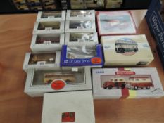 A selection of EFE 00 scale and Corgi diecasts including Wagons and buses, all boxed (13)