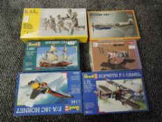 Six mixed scale plastic kits, Revell 1:144 FA-18C Hornett, 1:72 Sopwith Camel and 1:450 Spannish